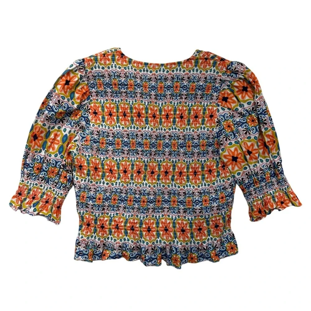Boden‎ Crop Top Womens 14 Multi Color Smocked Bodice Puff Sleeve Cotton Boho